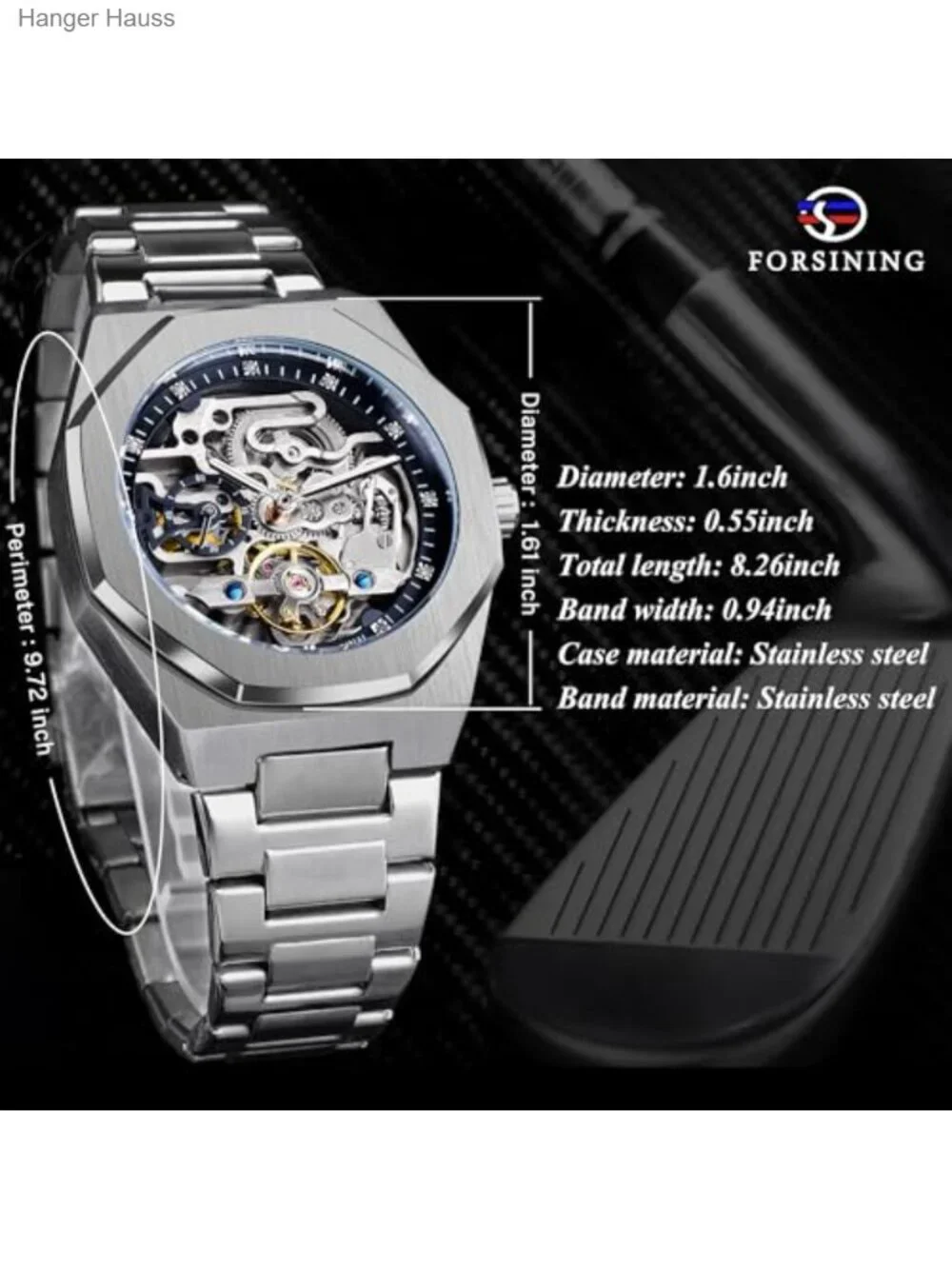 Vintage Men's Automatic Self-Wind Mechanical Watch, Octagonal Skeleton Dial,